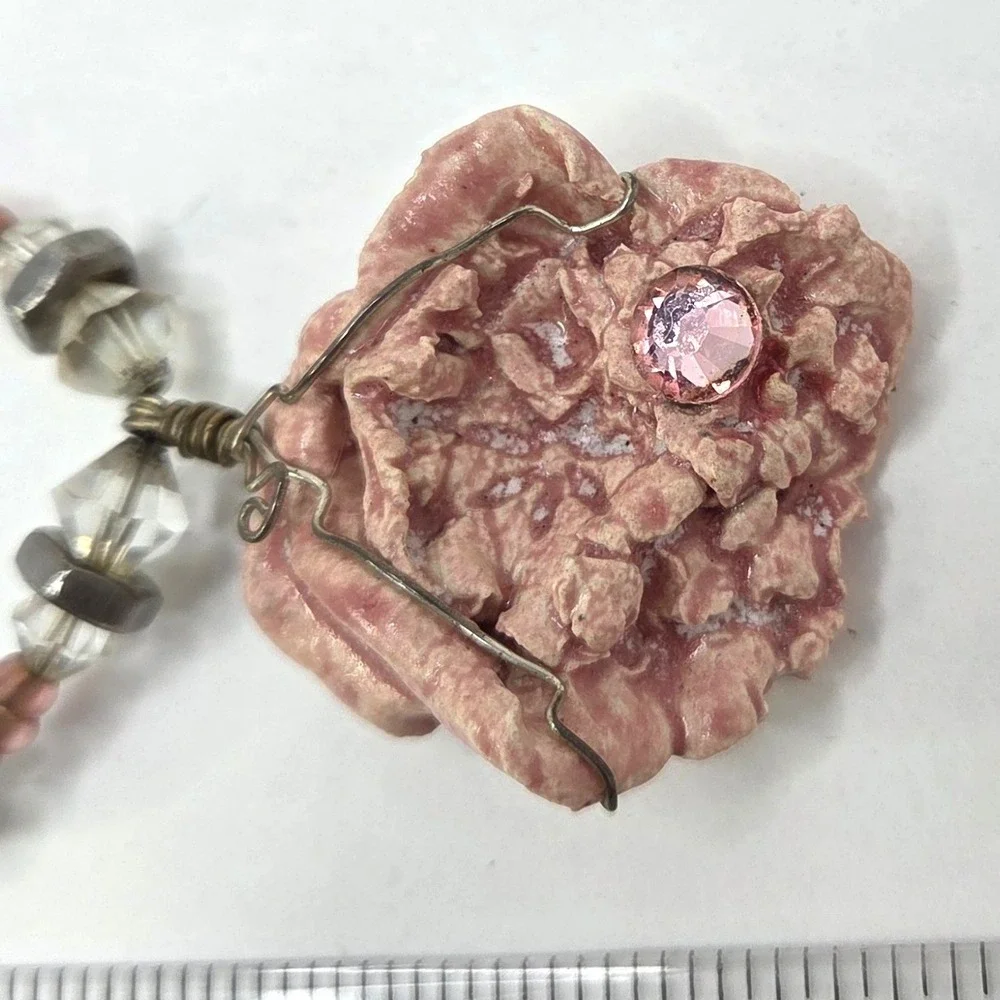 Pink Rose Pendant‎ Necklace Two Strand Seed Bead Crystal Accent Toggle Clasp